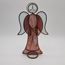 VTG Stained Glass Angel 11" Tall Purple Metal Frame Suncatcher Figurine