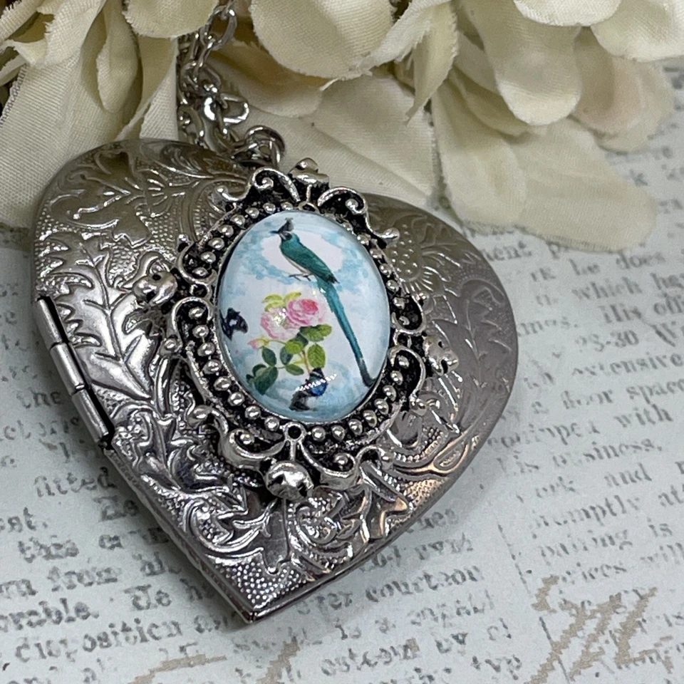Corazón Plata Medallón Collar Foto Boda Vidrio Pájaro Azul Jay Regalo Cumpleaños Nuevo Foto 3 de 4