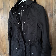 H M Divided Black Hooded Drawstring Zip Snap Utility Lightweight Jacket Size 2