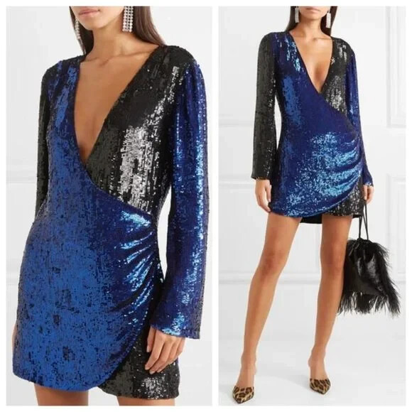 Retrofete Christine Blue & Black Sequin Wrap Long Sleeve Dress $844 XS
