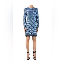 Michael Kors Blue Geometric Diamond Print Long Sleeve Sheath Dress Womens Small
