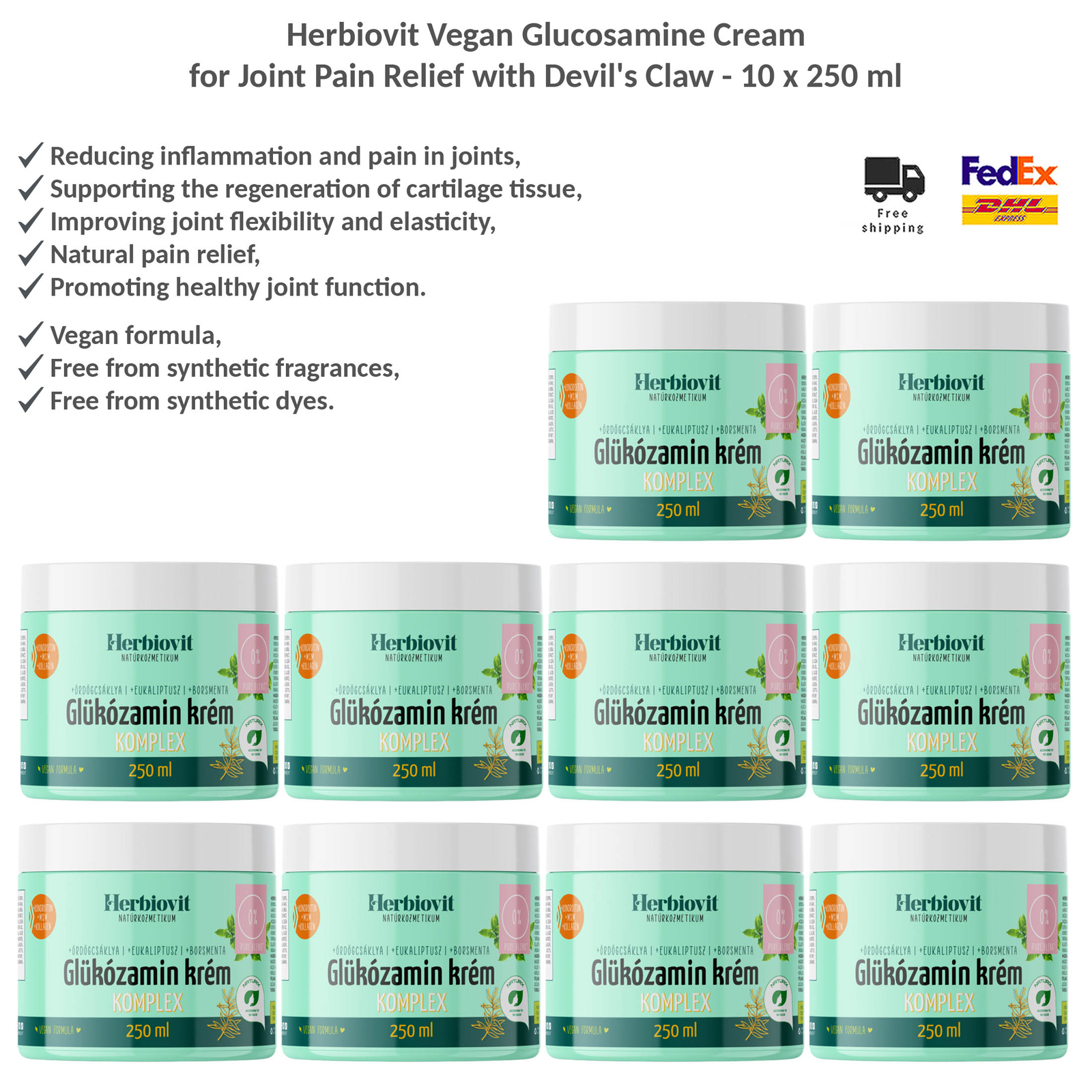 Herbiovit Crema Vegana de Glucosamina para Aliviar el Dolor Articular con Garra del Diablo x10