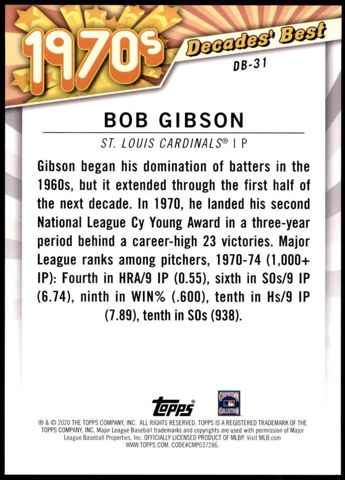 Bob Gibson 2020 Topps Decades Best 5x7 Gold #DB-31 10/10 Cardinals - Image 2 of 2