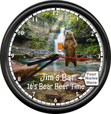 Beer Bear Bar Man Cave Mug Of Beer Waterfall Wildlife Your Name Sign Wall Clock