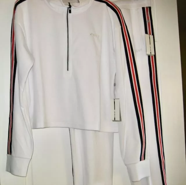 NEW DKNY SPORT WOMENS WHITE WARM-UP TRACK SUIT PANTS AND LONG SLEEVE TOP