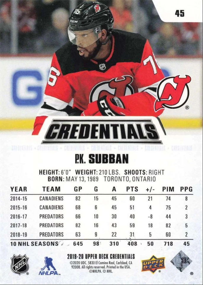 2019-20 Upper Deck Credentials P.K. Subban New Jersey Devils #45 - Image 2 of 2