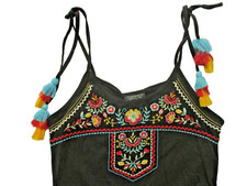 TOPSHOP NWT 50 BLACK COTTON W/BRIGHT COLORED EMBROIDERED FLORAL ROMPER SZ:6