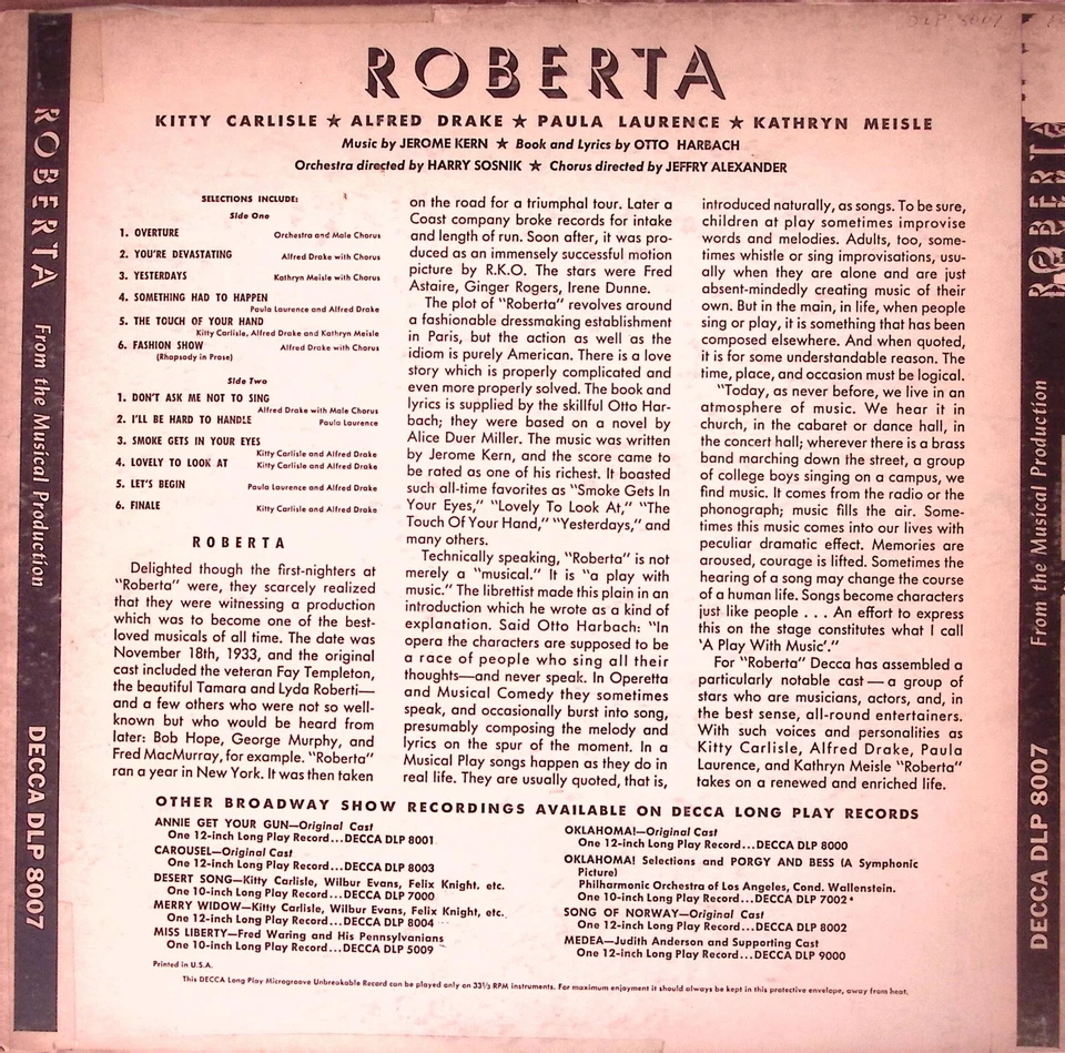 ROBERTA JEROME KERN KITTY CARLISLE ALFRED DRAKE DECCA DLP8007 VINYL LP 208-21 - Image 2 of 4