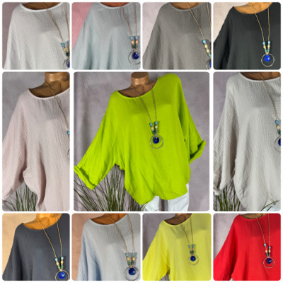 neu lässig weite Musselin basic BLUSE hirt Italy + KETTE 40 42 44 46
