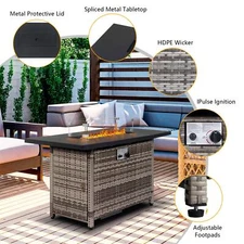 43in 50,000 BTU Outdoor Wicker Patio Propane Gas Fire Pit Table Glass Wind Guard