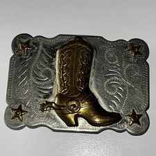 VTG Nickel Silver Western Belt Buckle Boots Stars W/Gems Etched 1940-50 3.5x2.5  