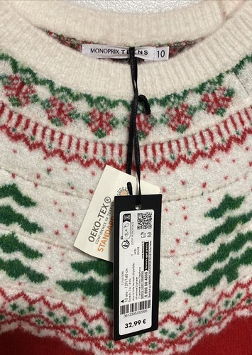 MONOPRIX TEENS Holiday Sweater Size 10 NEW NWT 129/140cm Green Red Christmas - Picture 6 of 7