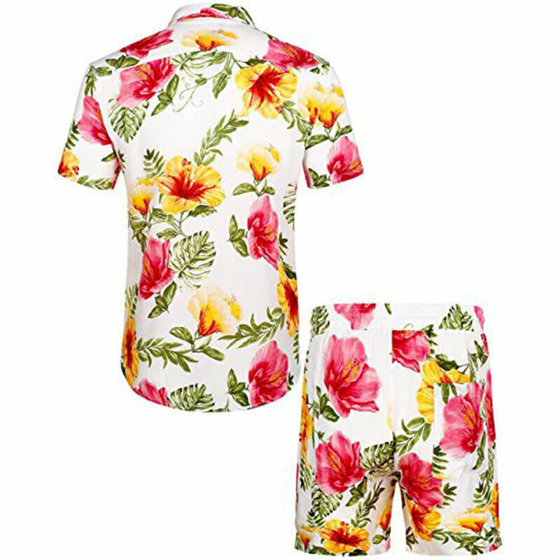 MENS HAWAIIAN SHIRT SHORT SET STAG BEACH HAWAII ALOHA SUMMER HOLIDAY