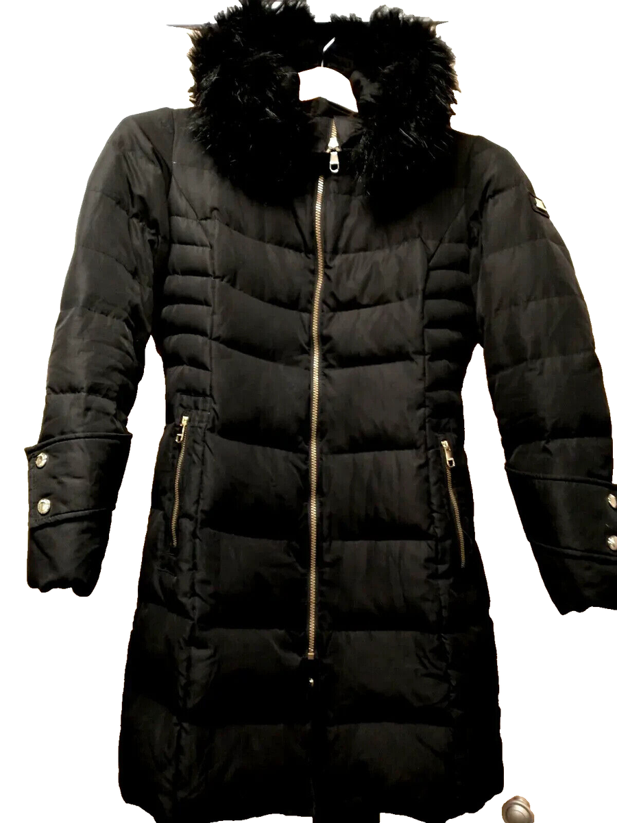 Calvin Klein Women's Black Duck Down Cheetah Print Lining Faux Fur Hood  Coat XS