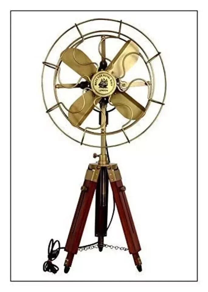 Vintage Look Tripod Table Fan Antique Brass Golden Nautical Adjustable ...