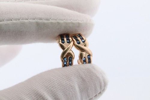 14k Sapphire cross X Dangle earrings. Criss X Channel set Sapphire hoop earring - Picture 3 of 6