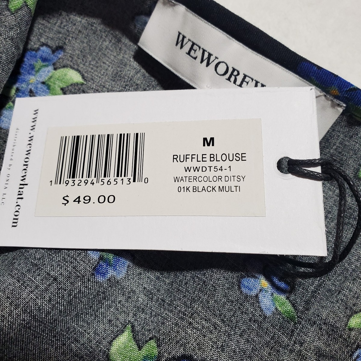 レトロハッピ We Wore What Blouse Size Medium Womens Blue Black Floral Ruffle