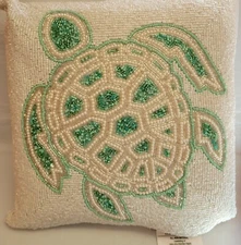 14" Beaded Throw Pillow Teal Sea Turtle Ocean Beach Nautical Coastal Collection