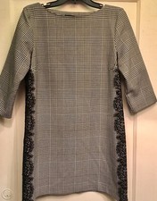 Zara Medium Black White Plaid Lace Sides Accent 3/4 Sleeve Women’s Shift Dress