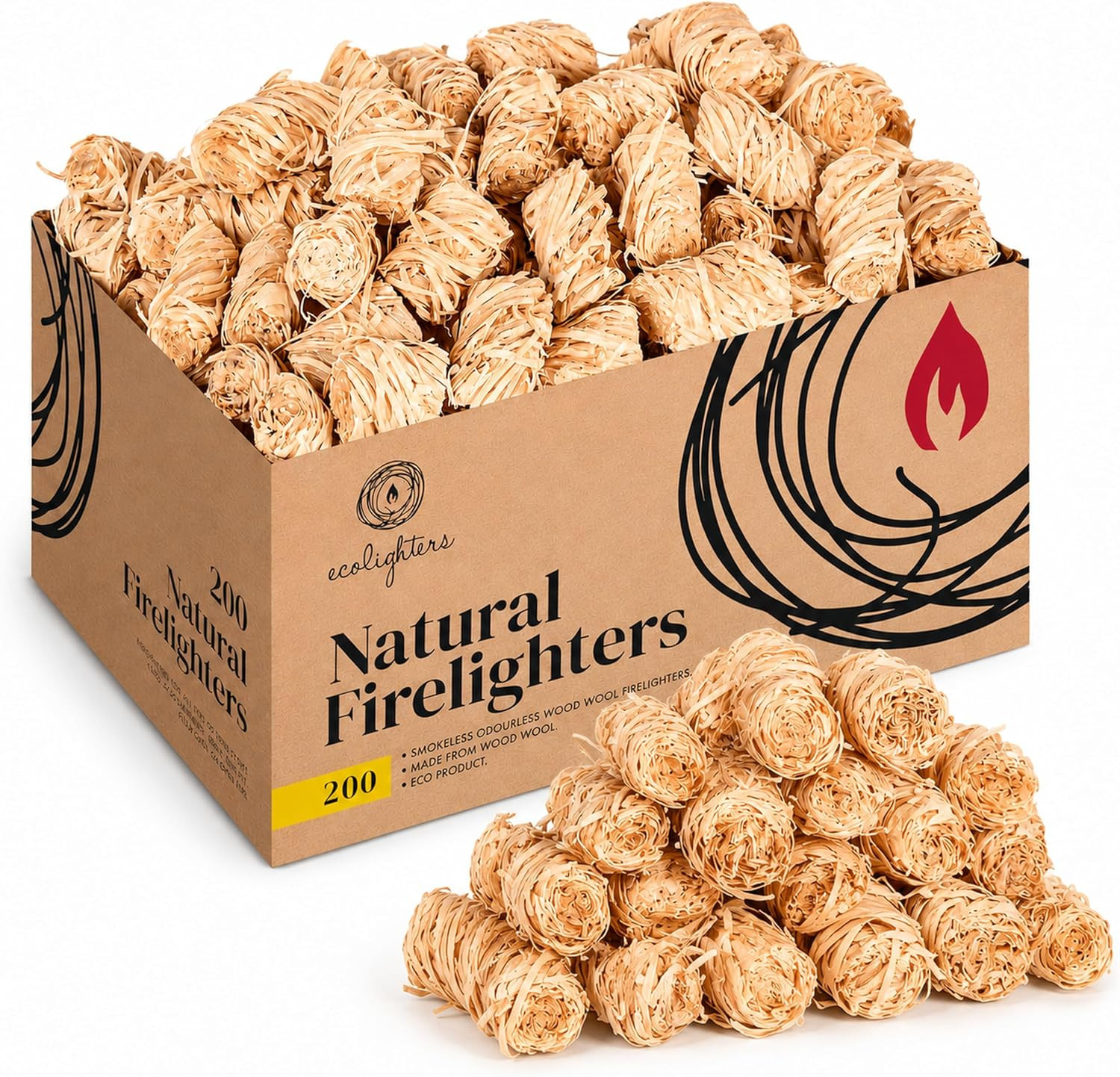 Ecolighters 200 Natural Firelighters, Wood Wool Fire Lighters for Wood Burners,