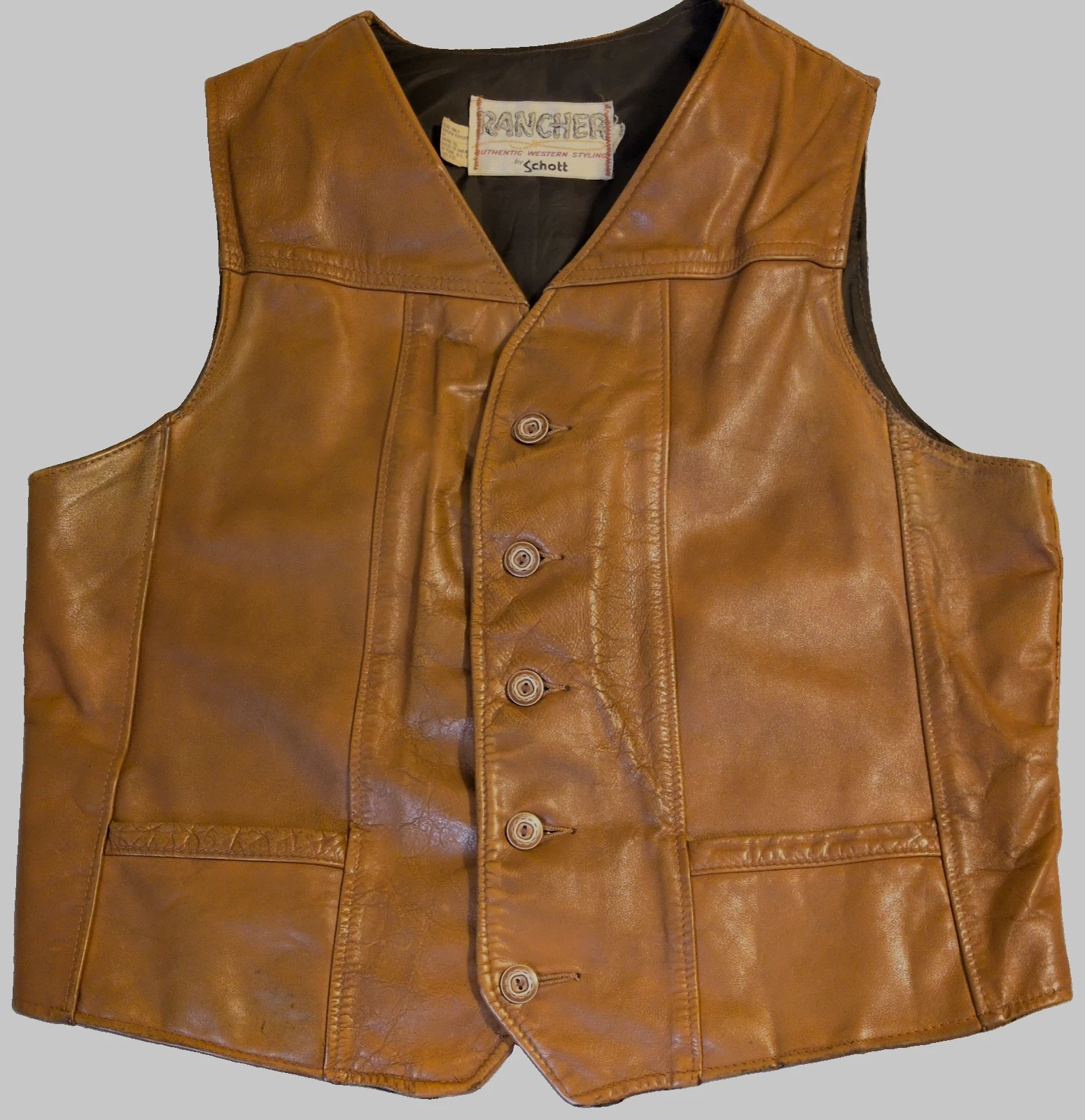 Vtg Rancher Leather Yoke Vest Schott XL USA Distressed Cowboy Cut MC Motorcycle - product detail image 1