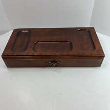 Vintage wood valet jewelry box with drawer ornate handle sunken depressions top