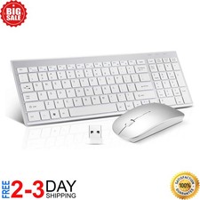 Wireless Keyboard and Mouse Silver White Full Size 2.4G USB portables Quiet C...