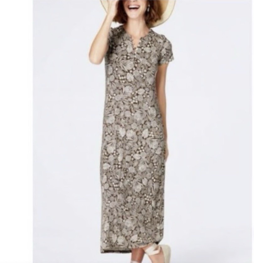 J Jill Womens Dress Tan White Ponte Knit Floral Split Neck Midi Sz L Tall