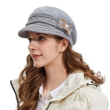 Lady Knit Newsboy Cap, Beret Hat, Crystal Bow, Angora Plush, Winter Beanie