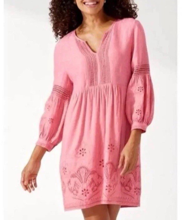 Tommy Bahama St. Lucia Dress Small Pink Linen Blend Babydoll Coverup Eyelet  Boho | eBay