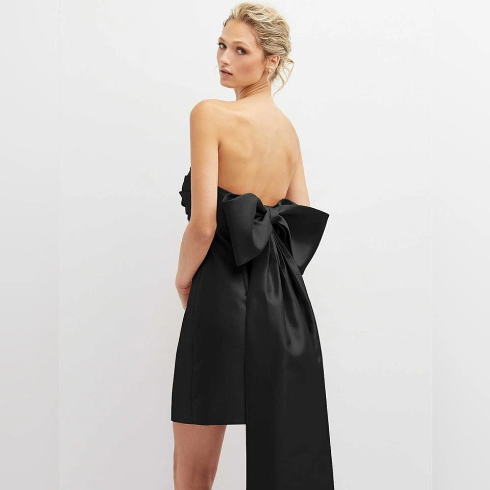 Mini Vestido ALFRED SUNG Aster Sin Tirantes Lazo Grande Talla 10 Negro Satén Sarga Foto 3 de 4