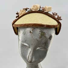 Vintage Fascinator Hat Brown Velvet Floral Roses Straw Tilt Cocktail Headpiece