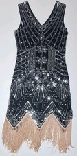 Stunning 1920s Art Deco Beaded Flapper Dress Costume Black Silver Sequin Fringe