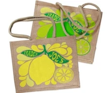 Trader Joe's Large Tote Bag Lemon and Lime Jute Burlap Reusable Shopping Bag