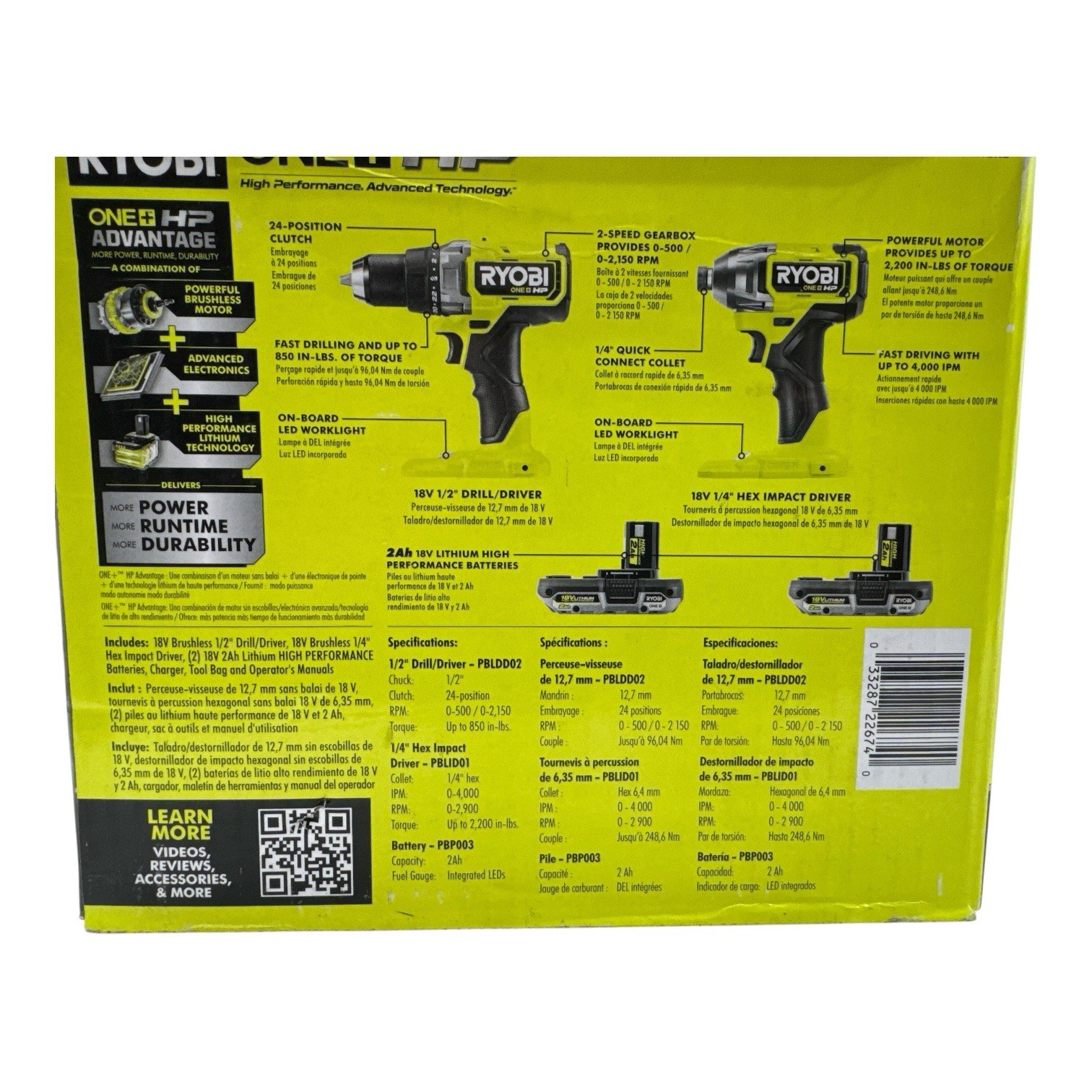 RYOBI One+ HP 18V 2-Tool Combo Kit 1/2" Drill 1/4" Hex Impact PBLCK112K2 (OB) alternate view 2