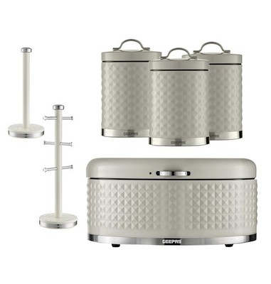 GEEPAS 6-teiliges Tee Kaffee Zucker Kanister Brotkasten Becher Baum & Handtuchstange Set Creme