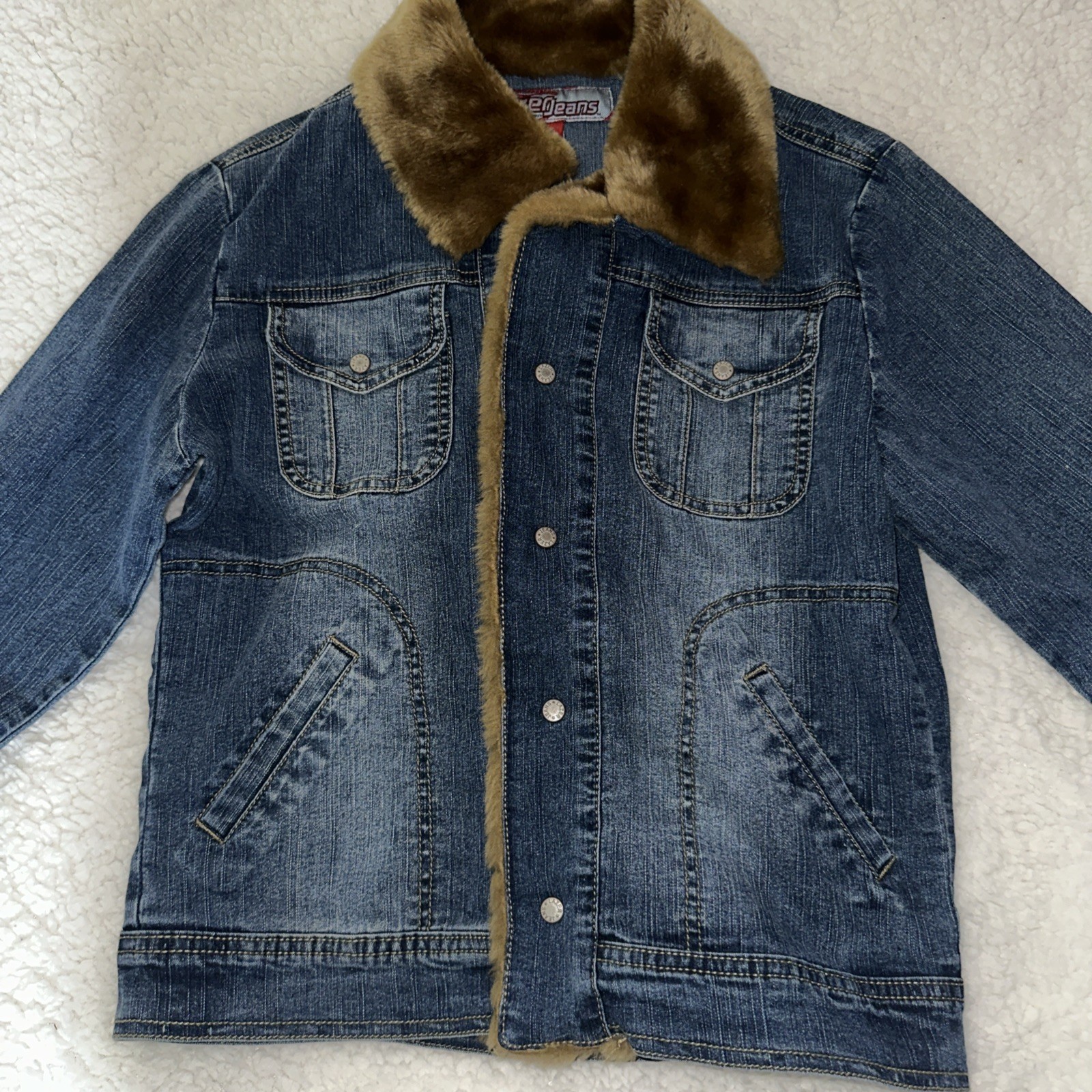 Vintage Y2K Laser Jeans Denim Jean Jacket Faux Fur Collar Trim Size Medium