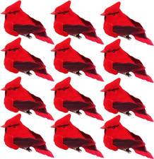 Red Cardinal Christmas Ornaments - Clip-On Velvet  Feather Decorations