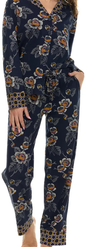 Vera Bradley Pajama Set Long Sleeve Notch Collar & Pant Navy Blue Floral Gift