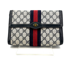 Vintage GUCCI Clutch Bag Sherry Line GG PVC Leather Navy Purse Authentic