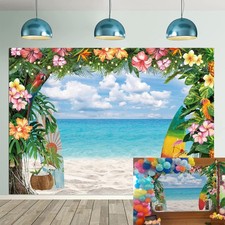 8x6 FT Summer Hawaiian Beach Backdrop Tropical Flowers Aloha Photo Booth