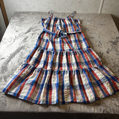 Peyton & Parker Sun Dress Large A Line Tiered Midi Plaid Belted Red White Blue