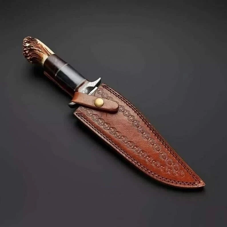 Заказной охотничий нож ручной работы из дамасской стали с рукояткой из оленьего рога кемпинговый нож - Изображение 4 из 4