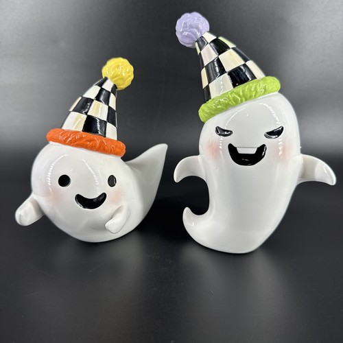 Mackenzie Childs Trick of Treat Geist Figuren schwarzweiß karierte Hüte, 2er Set