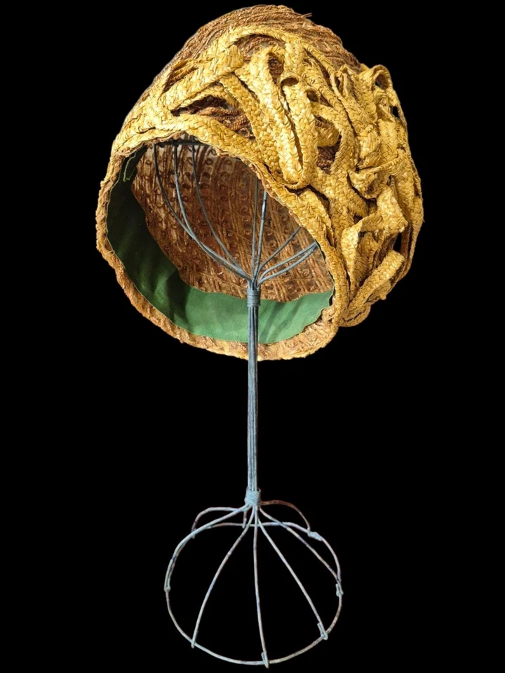 Vtg 20s Cloche Hat Braided Woven Hair Raffia Flapper Brown Art Deco Antique - Image 3 of 4