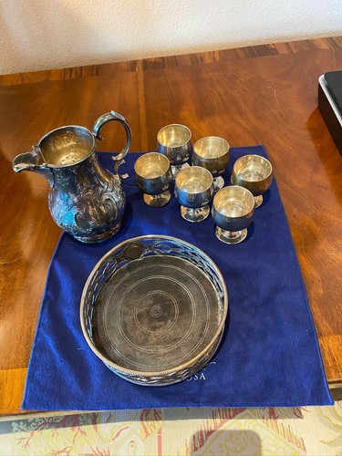 ESTATE SILVERPLATE Wine Holder, Pitcher, & Cordial Set Lot of 8