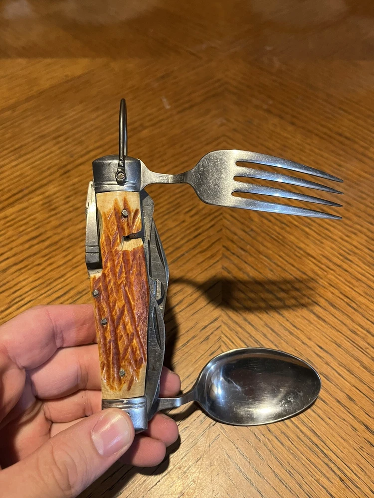 Vintage Stainless Steel Multi-Tool with Fork Spoon Knife Scissors Opener  