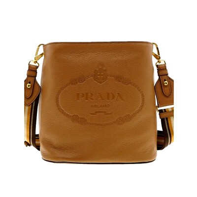 Prada Vitello Phenix Bucket Crossbody Bag Caramel Brown Web Stripe Strap New