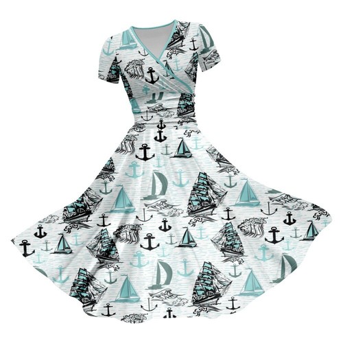 Womens Sailboat Print V Neck Midi Dress Ladies Short Sleeve Beach Sundress - Picture 4 of 5