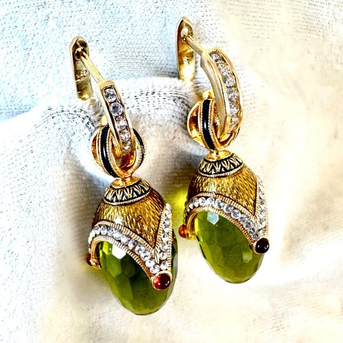 925 Silver Peridot Faberge Egg Earrings Swarovski Crystals Garnets Enamel Hoop - Picture 6 of 19